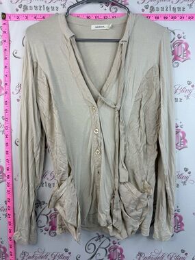 Sandwich cardigan tie up cream Beige Button-Front Tie-Neck Women's Shirt